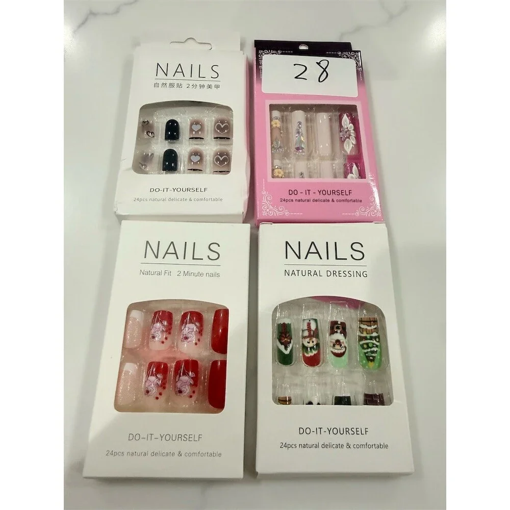 Lot of 4 Press-On Nail Sets 96 Total Nails Multicolor 3D Assorted Designs